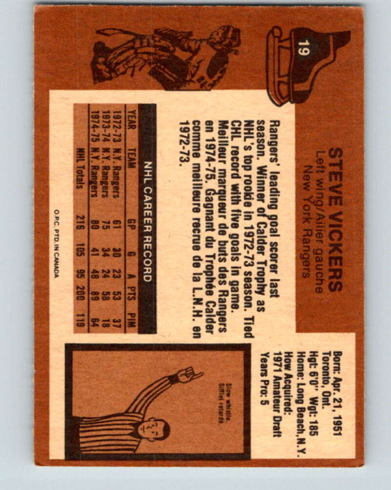 1975-76 O-Pee-Chee #19 Steve Vickers New York Rangers V5277