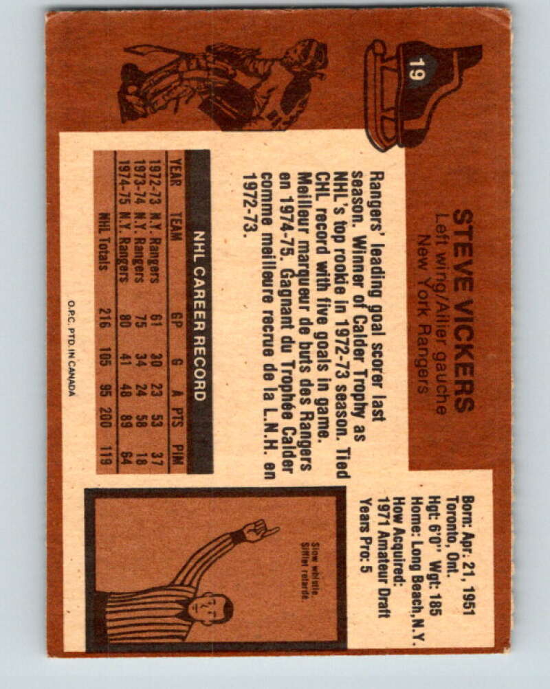 1975-76 O-Pee-Chee #19 Steve Vickers New York Rangers V5280