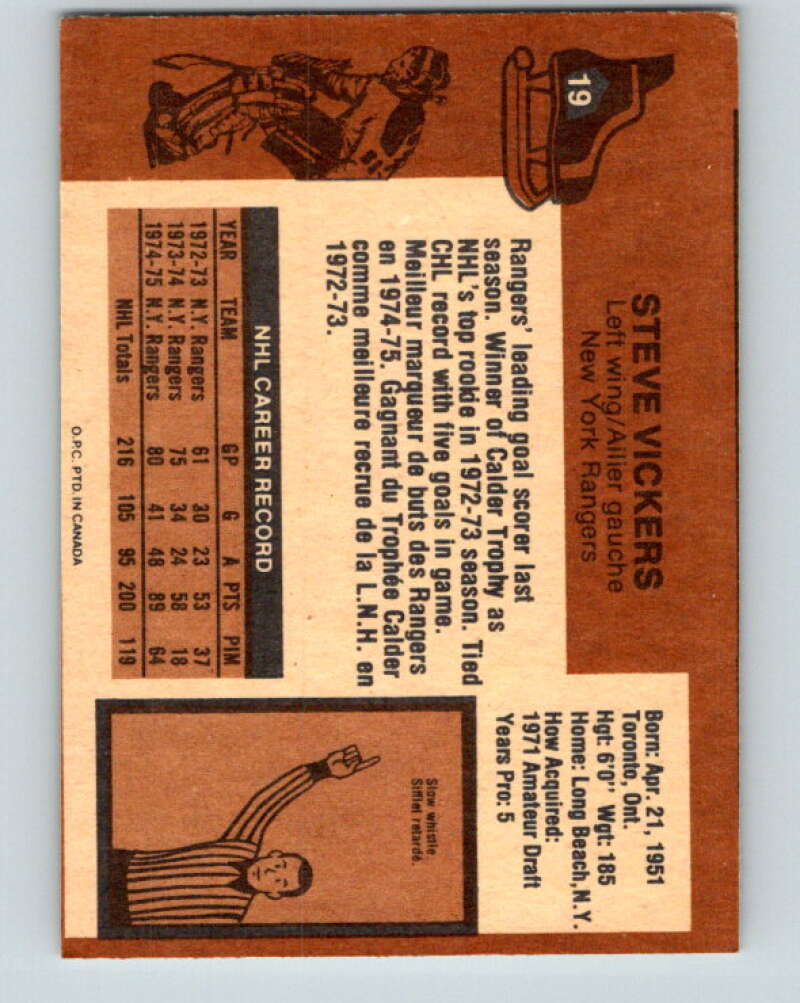 1975-76 O-Pee-Chee #19 Steve Vickers New York Rangers V5281