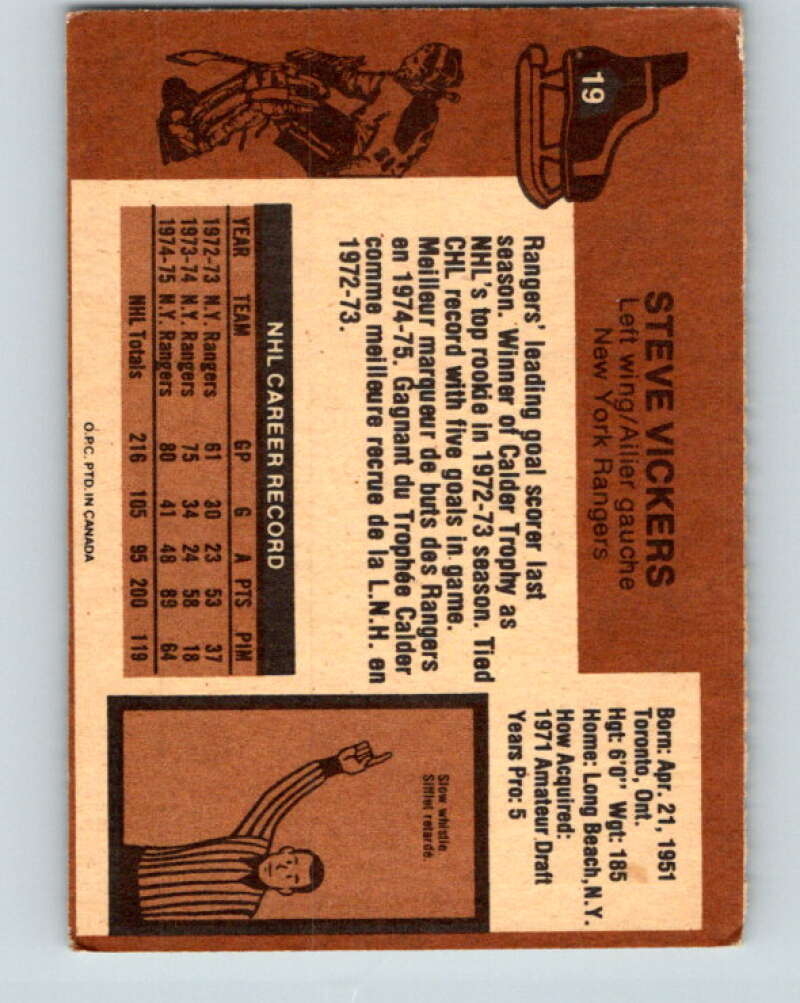 1975-76 O-Pee-Chee #19 Steve Vickers New York Rangers V5283