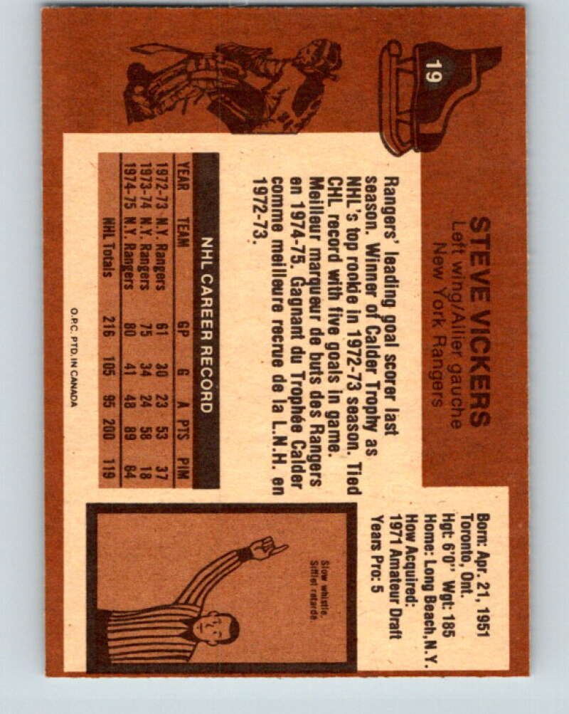 1975-76 O-Pee-Chee #19 Steve Vickers New York Rangers V5284