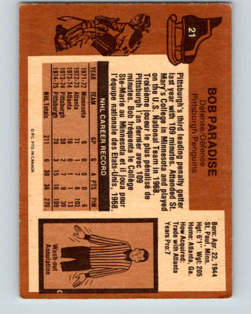 1975-76 O-Pee-Chee #21 Bob Paradise Pittsburgh Penguins V5292