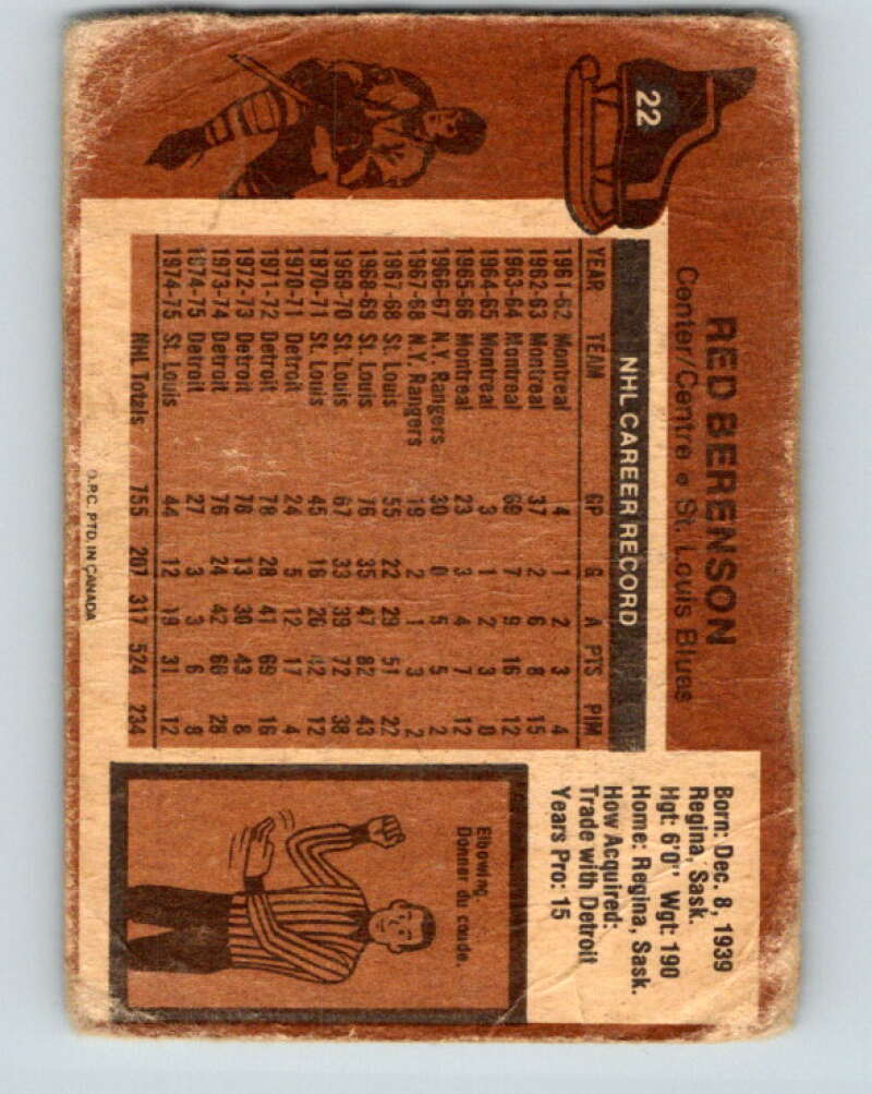 1975-76 O-Pee-Chee #22 Red Berenson St. Louis Blues V5293