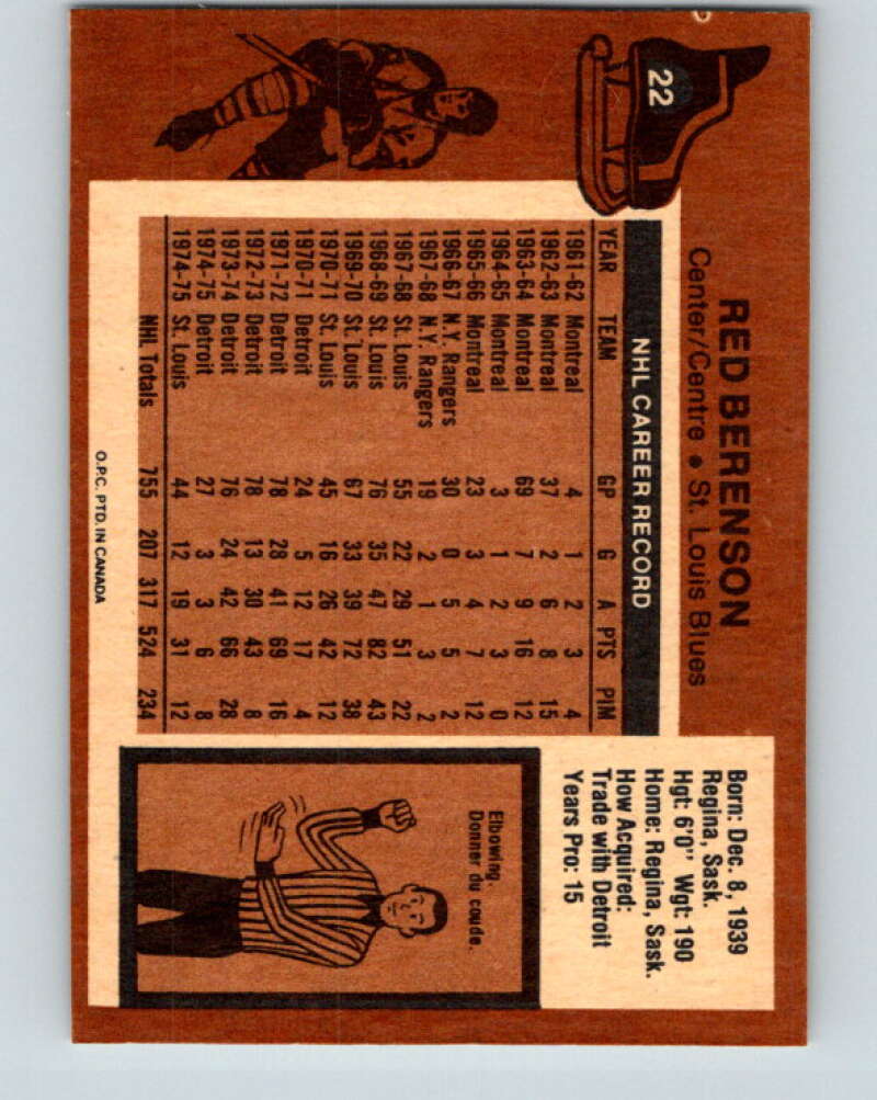 1975-76 O-Pee-Chee #22 Red Berenson St. Louis Blues V5295