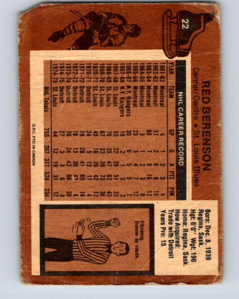 1975-76 O-Pee-Chee #22 Red Berenson St. Louis Blues V5296