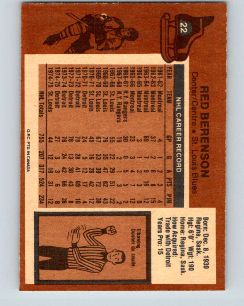 1975-76 O-Pee-Chee #22 Red Berenson St. Louis Blues V5297