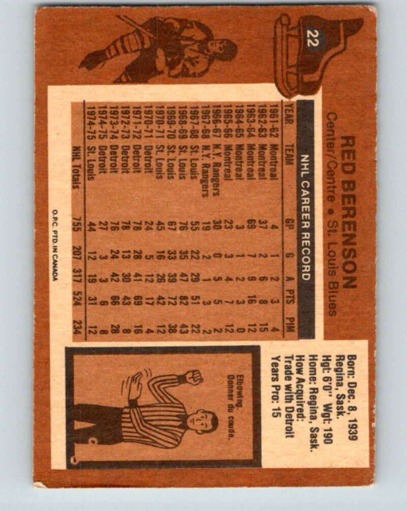 1975-76 O-Pee-Chee #22 Red Berenson St. Louis Blues V5300