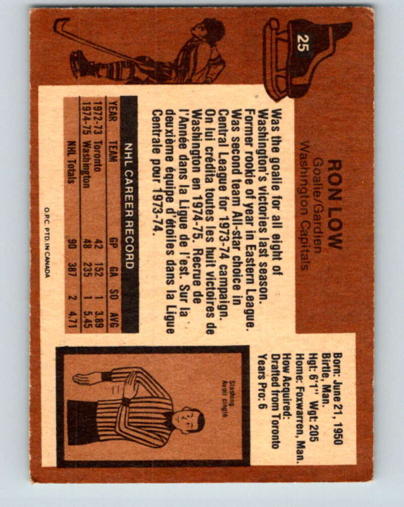 1975-76 O-Pee-Chee #25 Ron Low Washington Capitals V5303