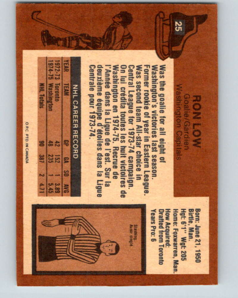 1975-76 O-Pee-Chee #25 Ron Low Washington Capitals V5305