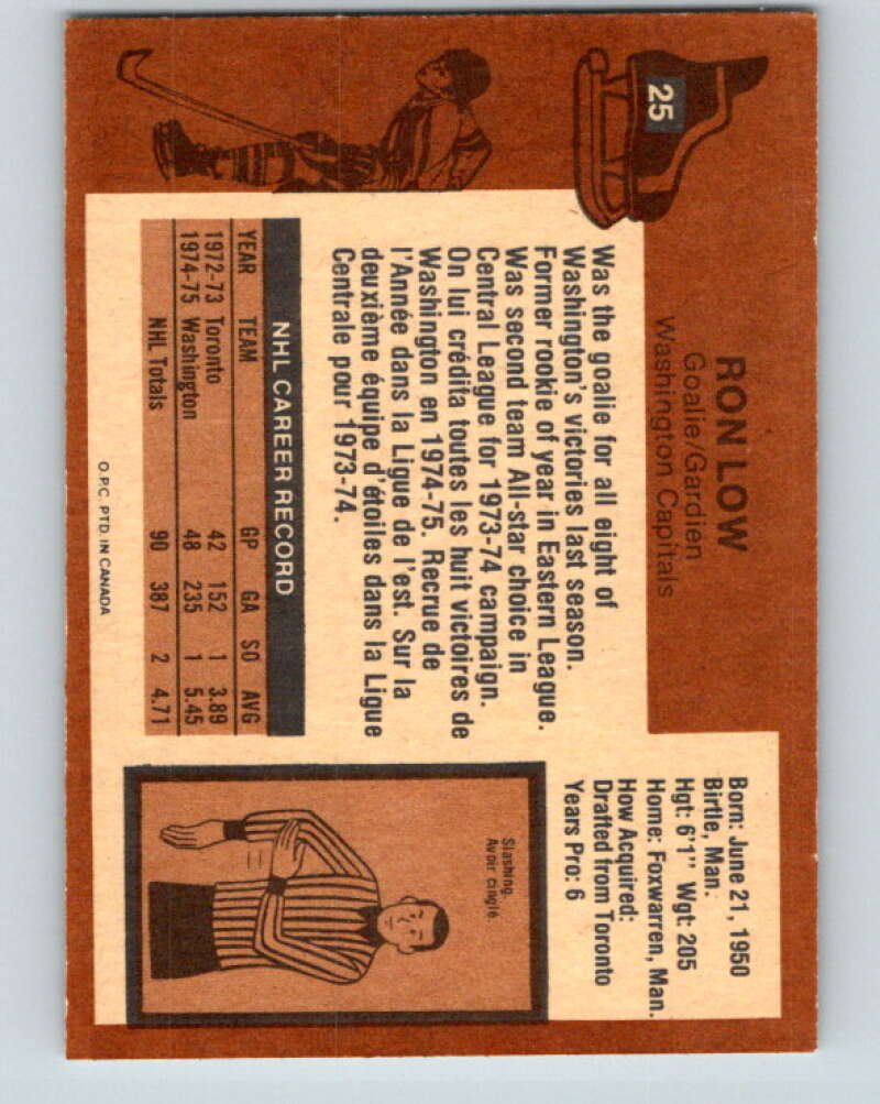 1975-76 O-Pee-Chee #25 Ron Low Washington Capitals V5306