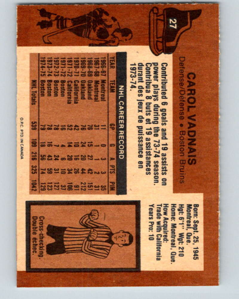 1975-76 O-Pee-Chee #27 Carol Vadnais Boston Bruins V5314