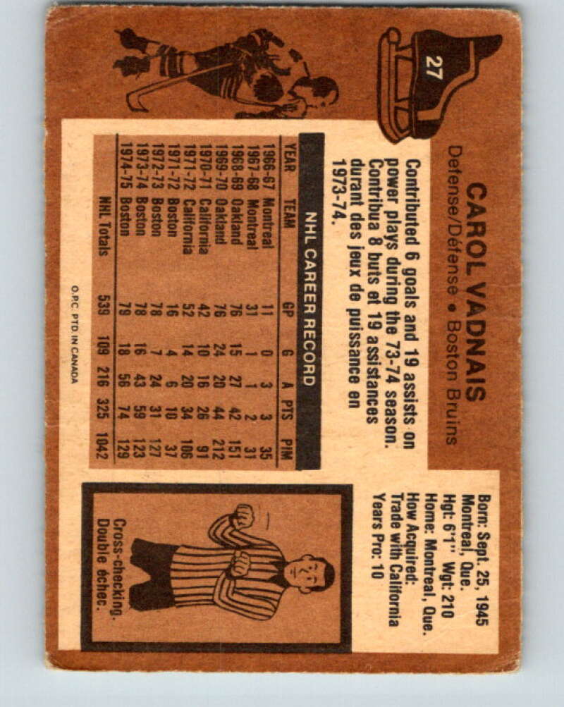 1975-76 O-Pee-Chee #27 Carol Vadnais Boston Bruins V5318