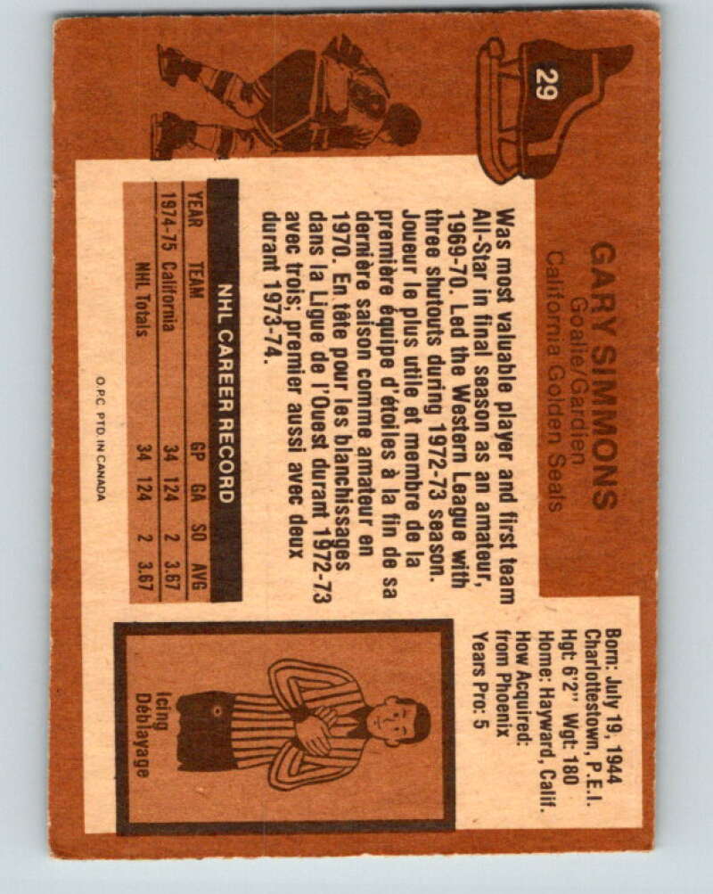 1975-76 O-Pee-Chee #29 Gary Simmons California Golden Seals V5326