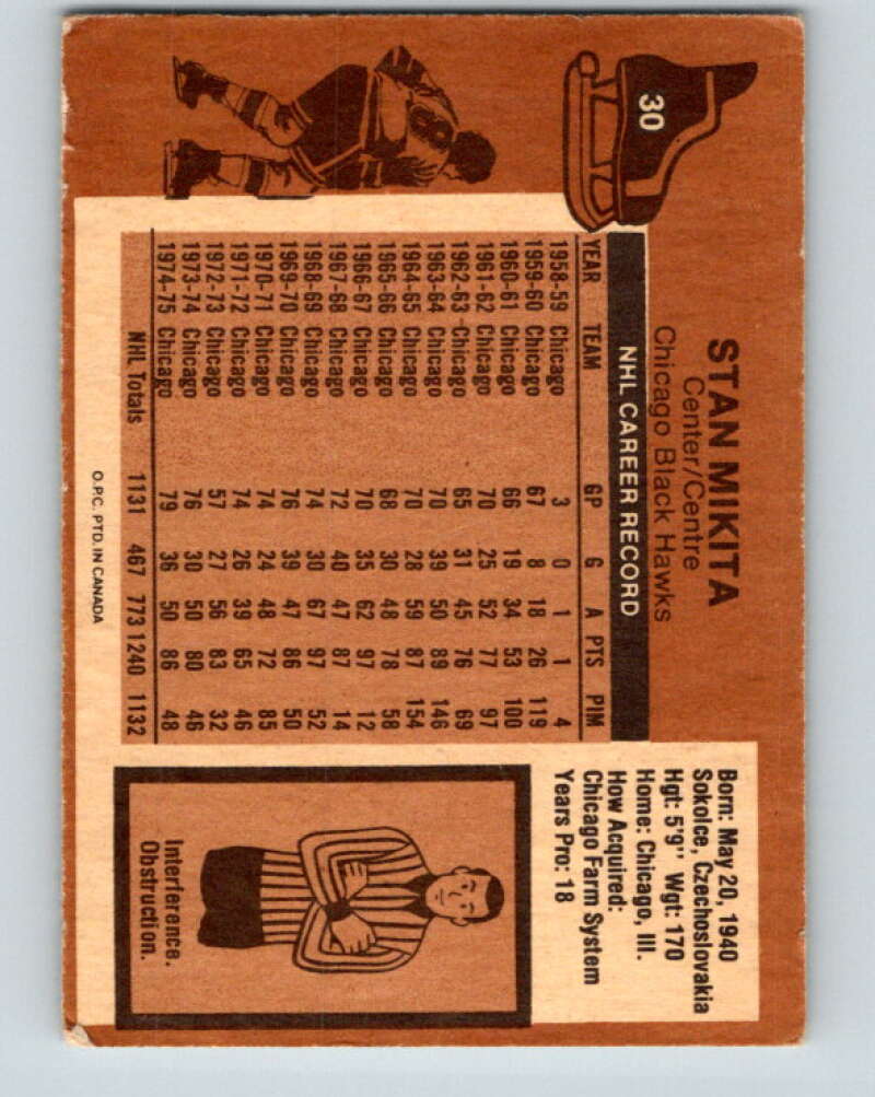 1975-76 O-Pee-Chee #30 Stan Mikita Chicago Blackhawks V5332