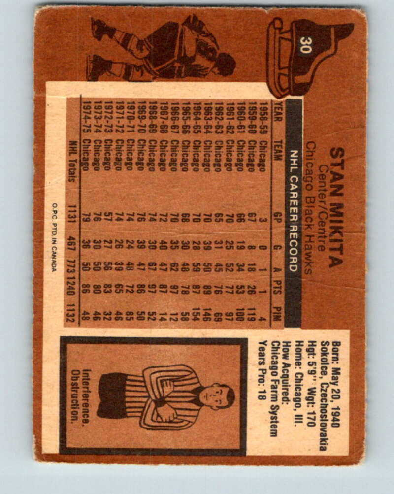 1975-76 O-Pee-Chee #30 Stan Mikita Chicago Blackhawks V5334