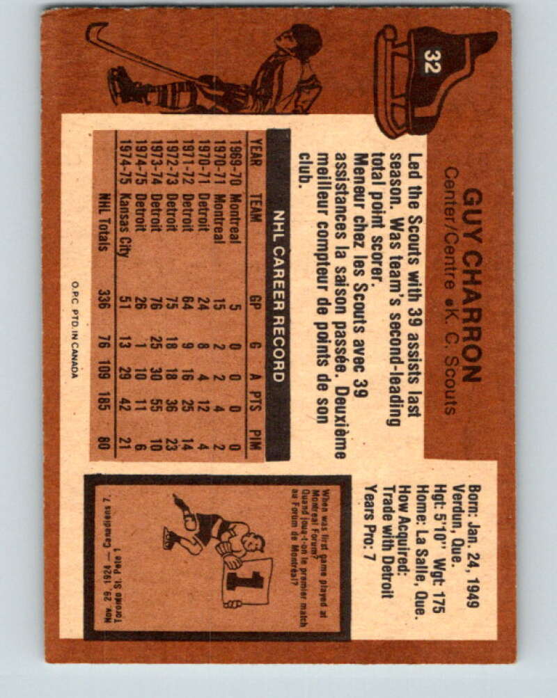 1975-76 O-Pee-Chee #32 Guy Charron Kansas City Scouts V5339