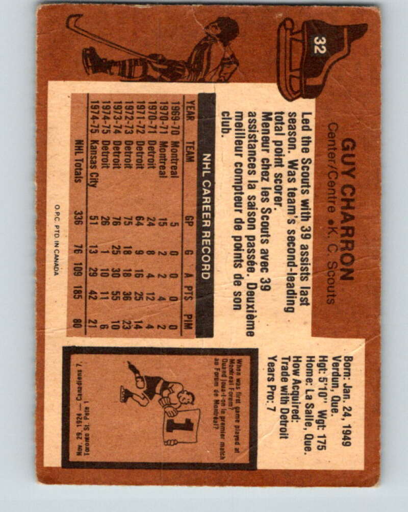 1975-76 O-Pee-Chee #32 Guy Charron Kansas City Scouts V5340