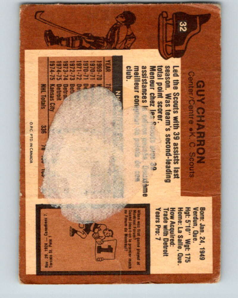 1975-76 O-Pee-Chee #32 Guy Charron Kansas City Scouts V5343