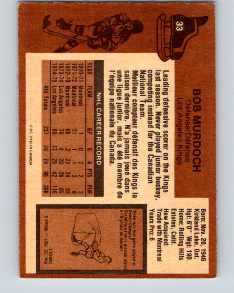 1975-76 O-Pee-Chee #33 Bob Murdoch Los Angeles Kings V5345