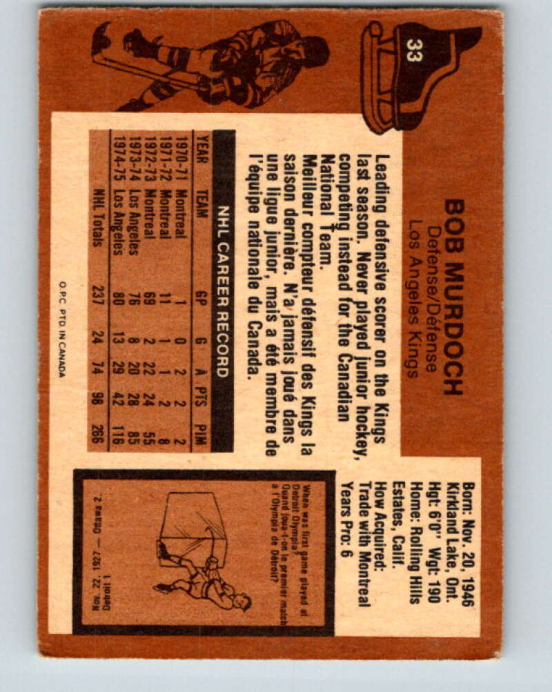 1975-76 O-Pee-Chee #33 Bob Murdoch Los Angeles Kings V5347