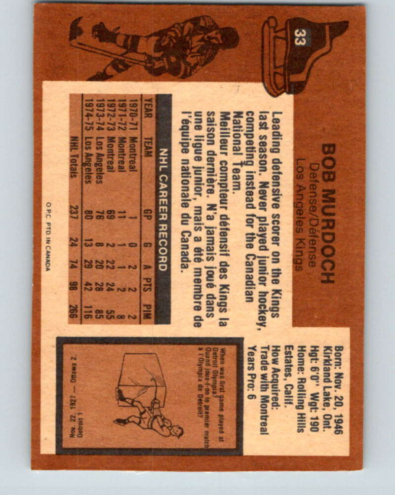 1975-76 O-Pee-Chee #33 Bob Murdoch Los Angeles Kings V5348