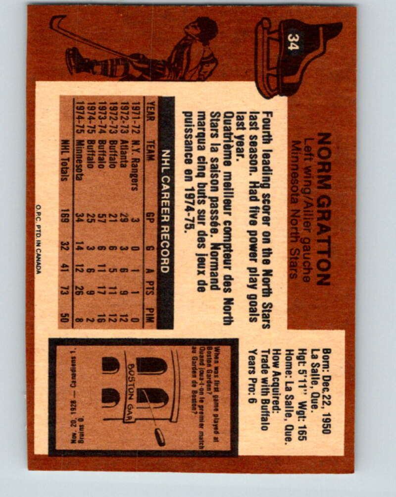 1975-76 O-Pee-Chee #34 Norm Gratton Minnesota North Stars V5350