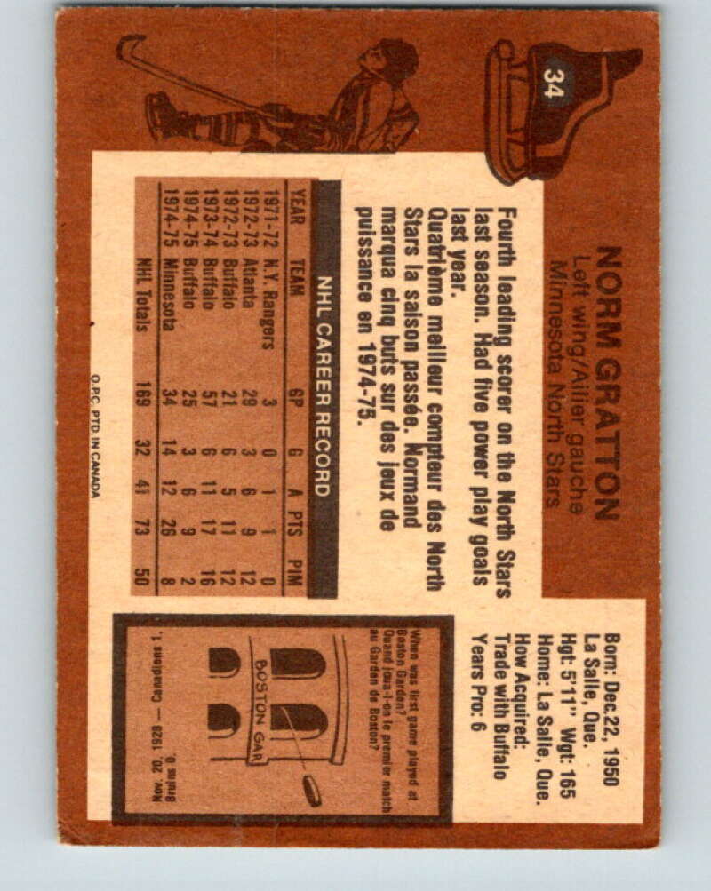 1975-76 O-Pee-Chee #34 Norm Gratton Minnesota North Stars V5351
