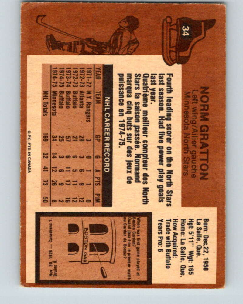 1975-76 O-Pee-Chee #34 Norm Gratton Minnesota North Stars V5352