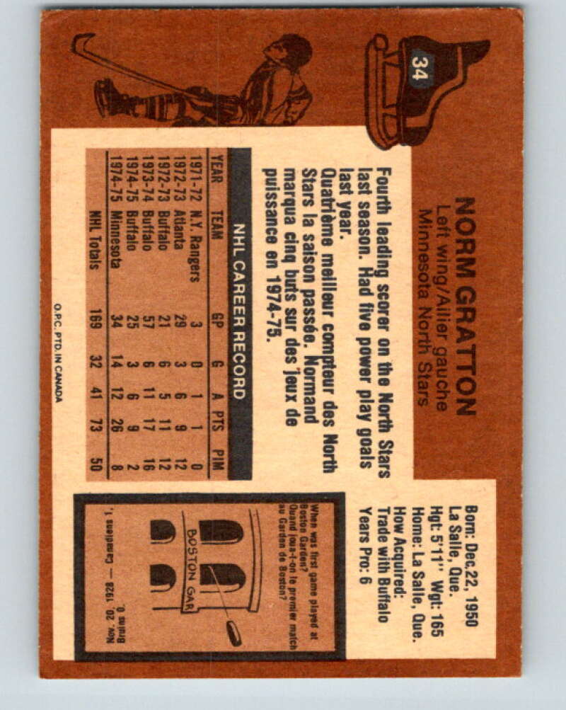 1975-76 O-Pee-Chee #34 Norm Gratton Minnesota North Stars V5353