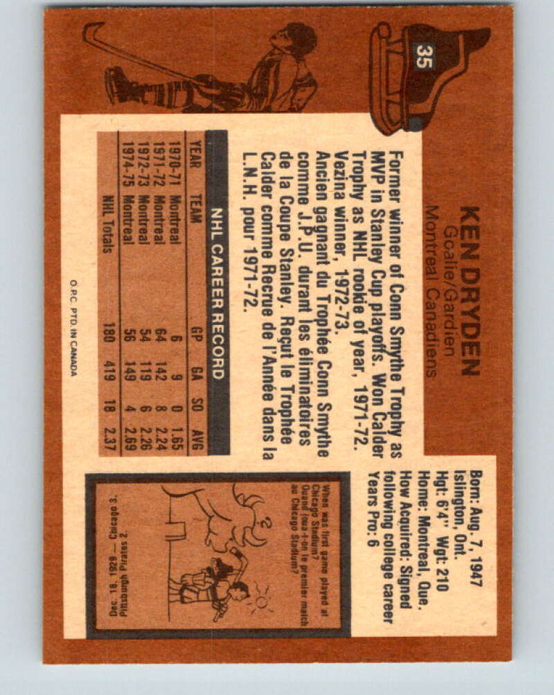 1975-76 O-Pee-Chee #35 Ken Dryden Montreal Canadiens V5354