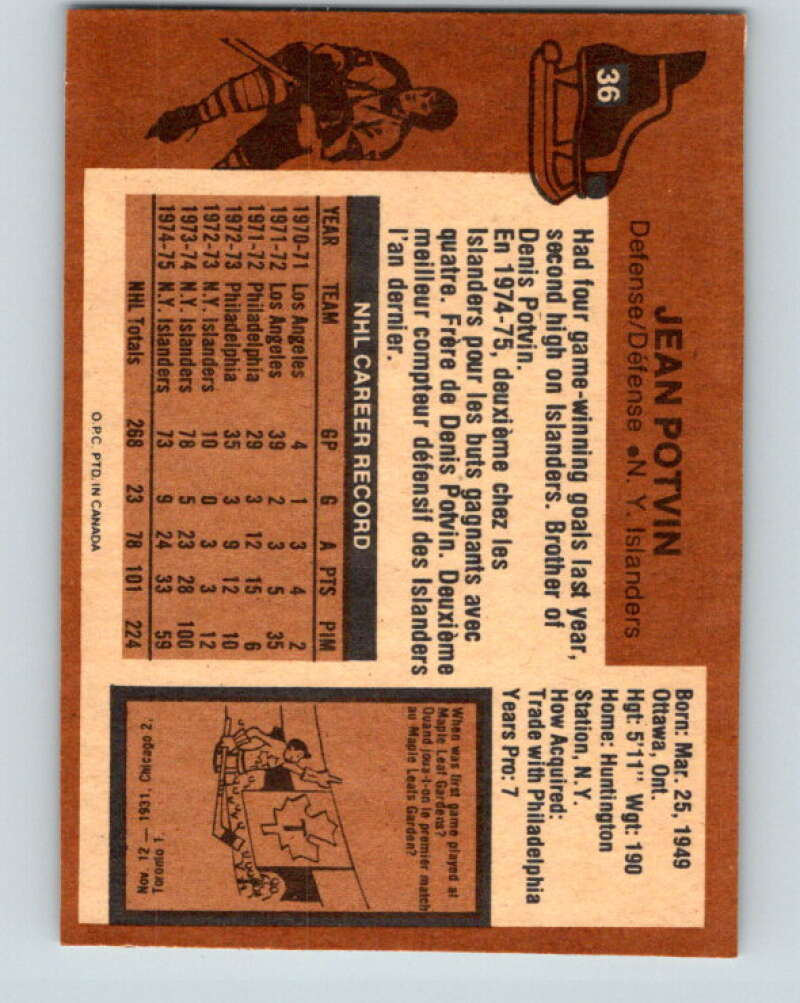 1975-76 O-Pee-Chee #36 Jean Potvin New York Islanders V5358