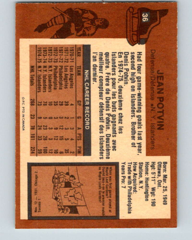 1975-76 O-Pee-Chee #36 Jean Potvin New York Islanders V5359