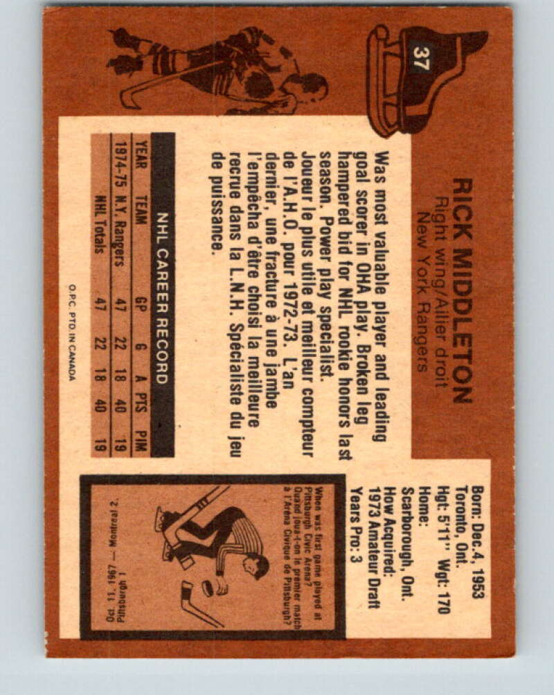 1975-76 O-Pee-Chee #37 Rick Middleton New York Rangers V5360