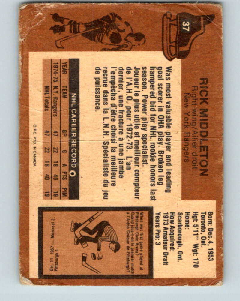1975-76 O-Pee-Chee #37 Rick Middleton New York Rangers V5363
