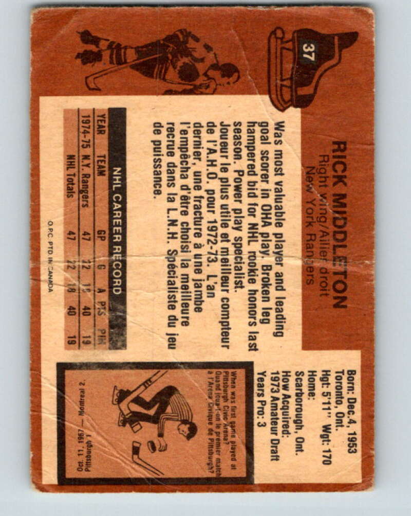 1975-76 O-Pee-Chee #37 Rick Middleton New York Rangers V5364