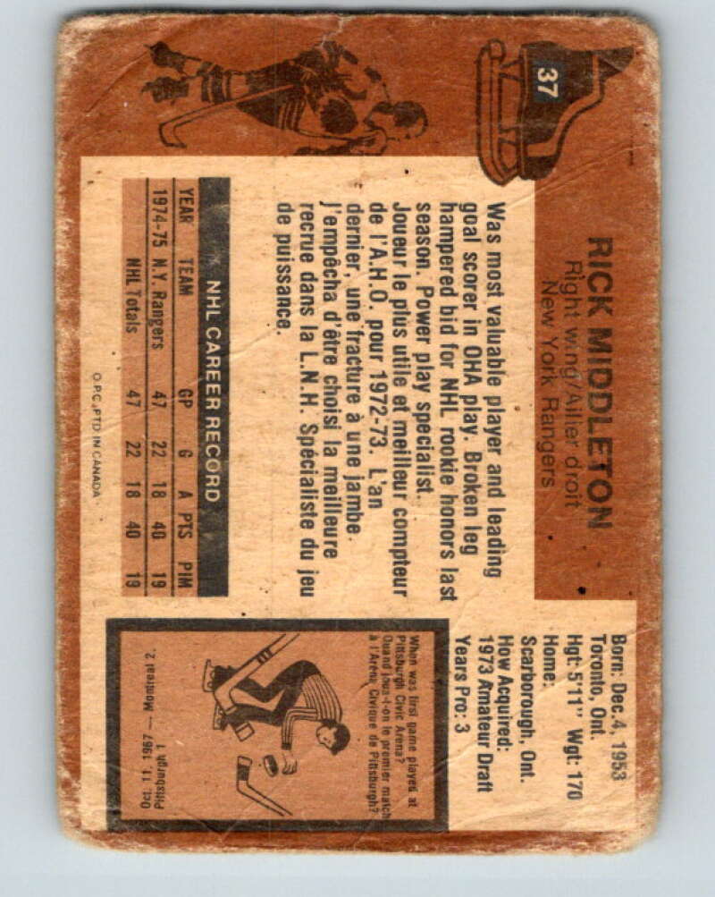 1975-76 O-Pee-Chee #37 Rick Middleton New York Rangers V5365