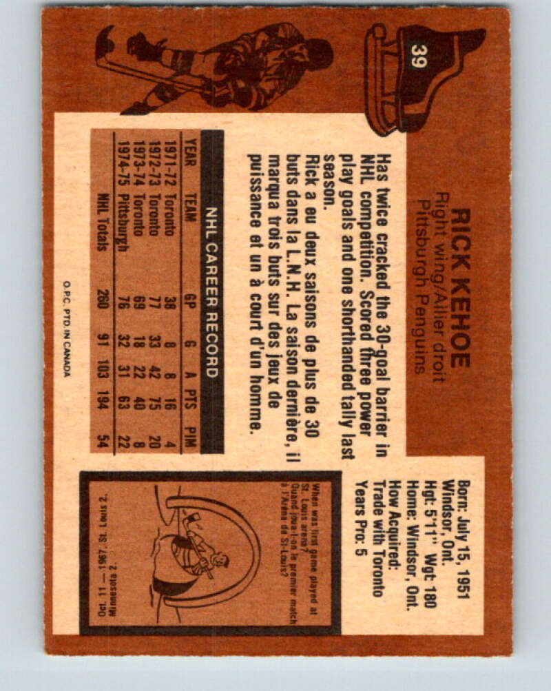 1975-76 O-Pee-Chee #39 Rick Kehoe Pittsburgh Penguins V5373