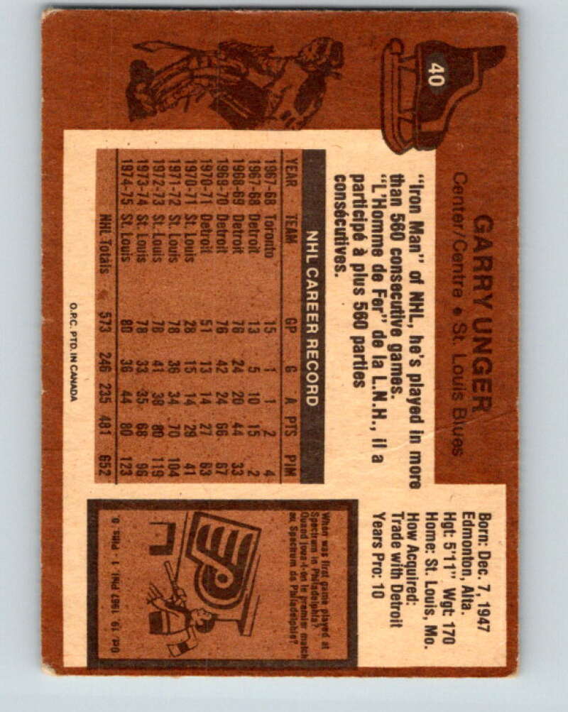 1975-76 O-Pee-Chee #40 Garry Unger St. Louis Blues V5375