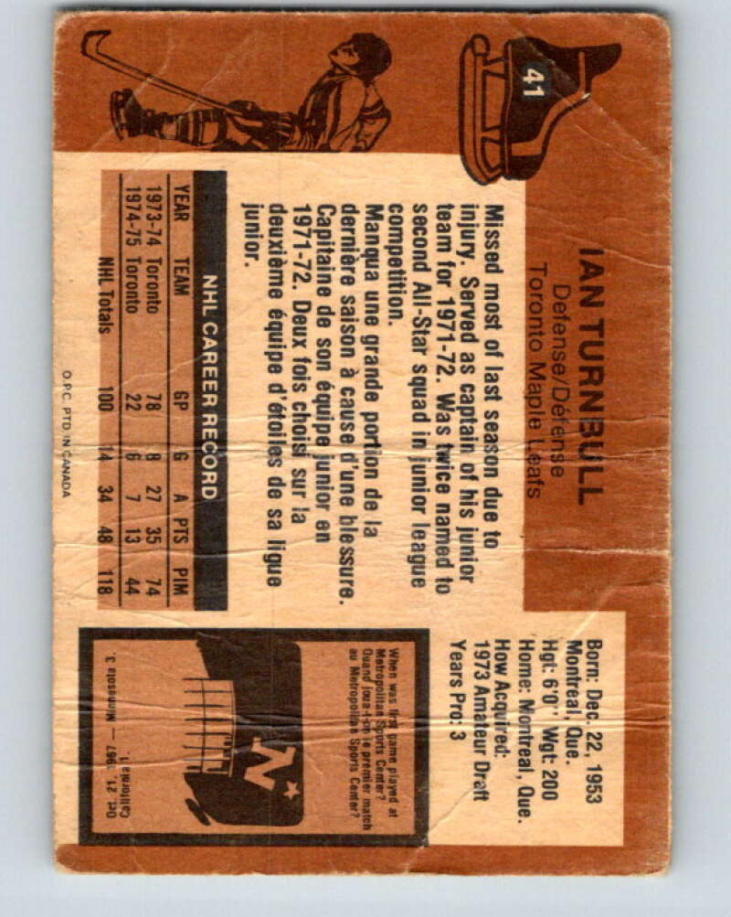 1975-76 O-Pee-Chee #41 Ian Turnbull Toronto Maple Leafs V5377