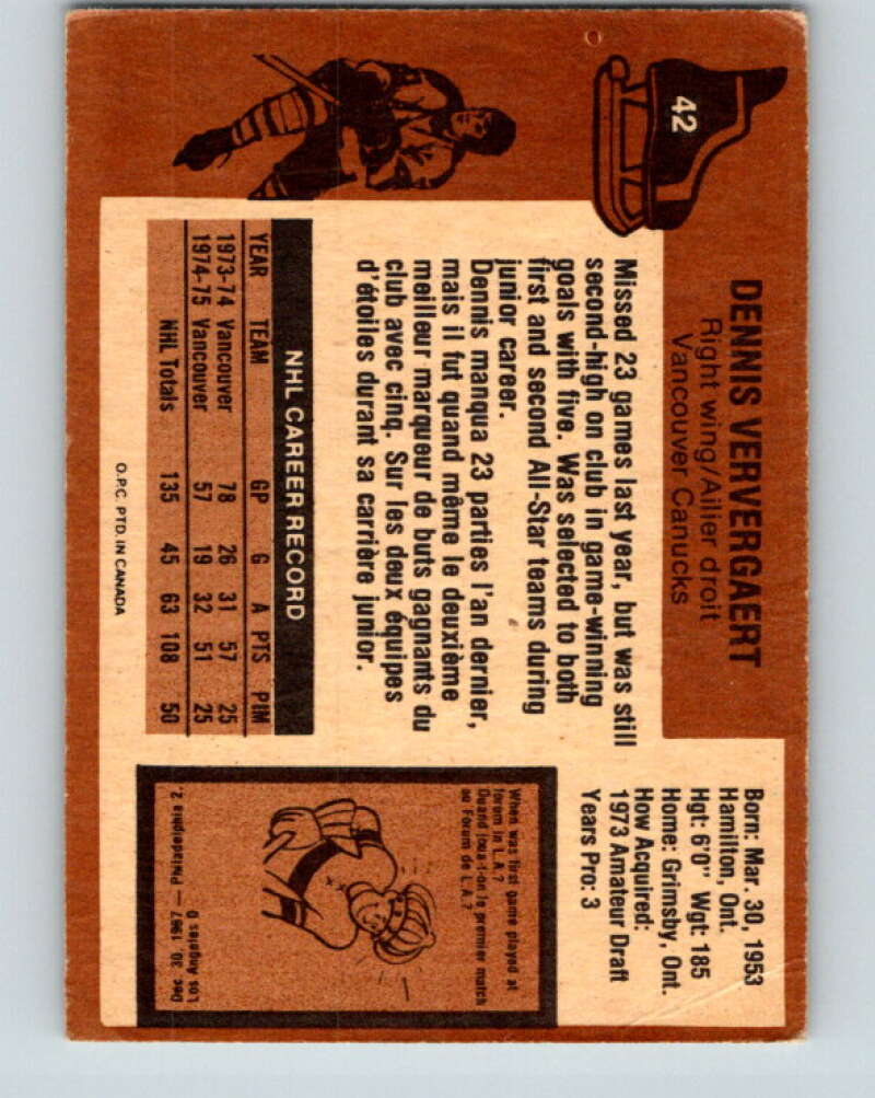 1975-76 O-Pee-Chee #42 Dennis Ververgaert Vancouver Canucks V5378