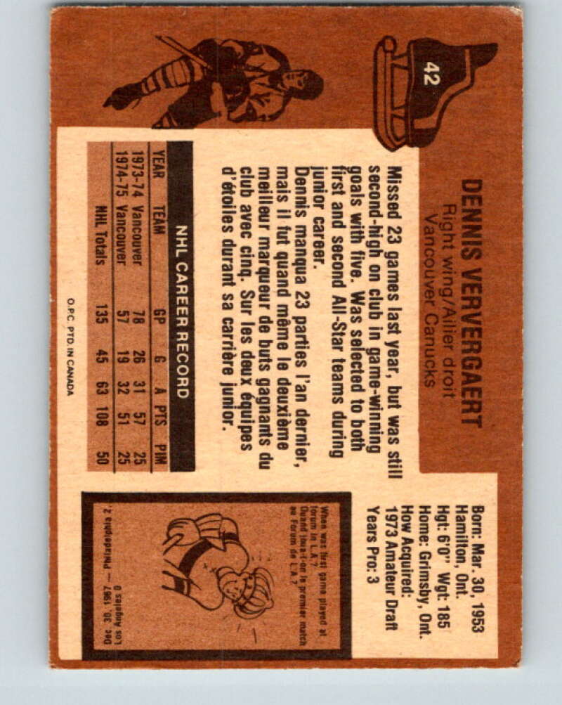 1975-76 O-Pee-Chee #42 Dennis Ververgaert Vancouver Canucks V5379