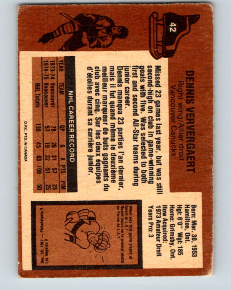 1975-76 O-Pee-Chee #42 Dennis Ververgaert Vancouver Canucks V5380
