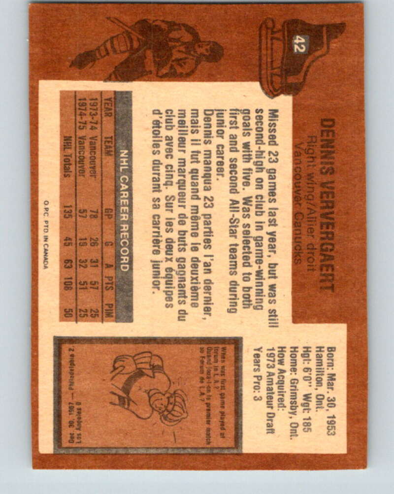 1975-76 O-Pee-Chee #42 Dennis Ververgaert Vancouver Canucks V5381