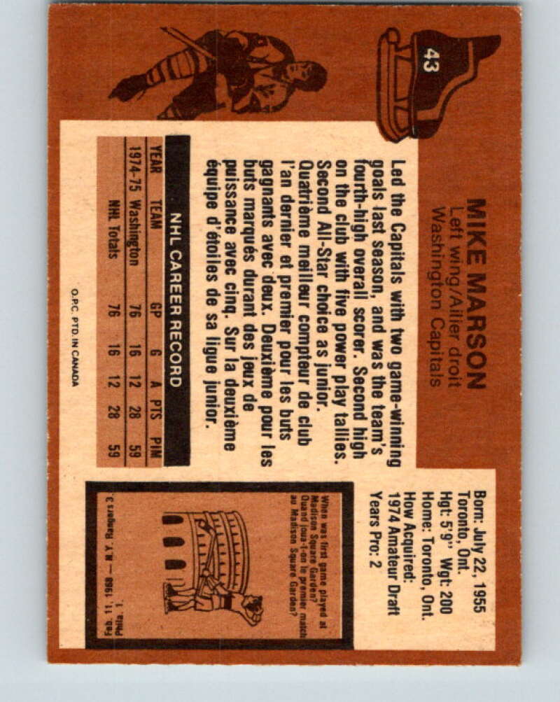 1975-76 O-Pee-Chee #43 Mike Marson RC Rookie Capitals V5382