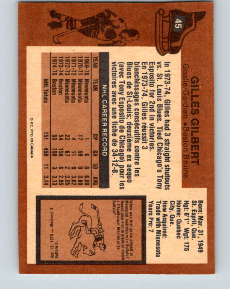 1975-76 O-Pee-Chee #45 Gilles Gilbert Boston Bruins V5385