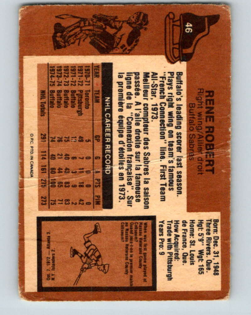 1975-76 O-Pee-Chee #46 Rene Robert Buffalo Sabres V5389