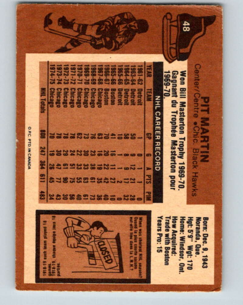 1975-76 O-Pee-Chee #48 Pit Martin Chicago Blackhawks V5395