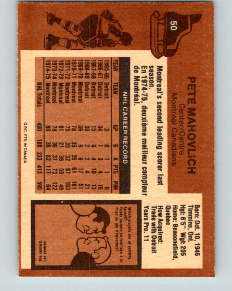 1975-76 O-Pee-Chee #50 Pete Mahovlich Montreal Canadiens V5402
