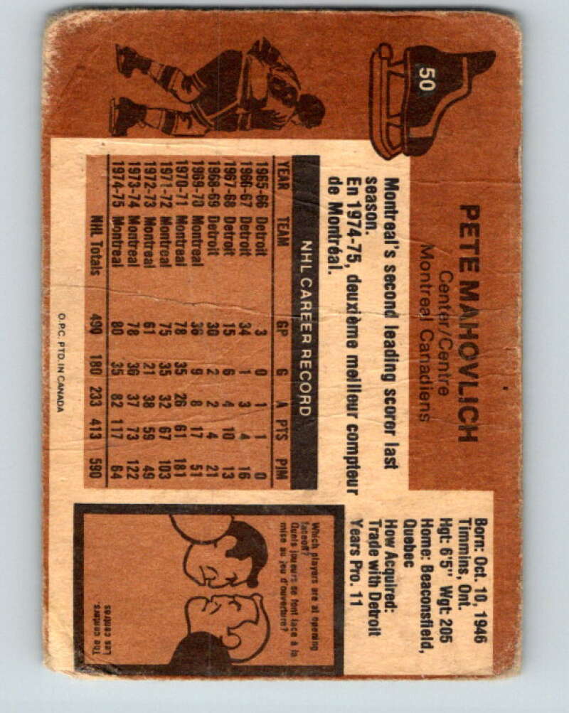 1975-76 O-Pee-Chee #50 Pete Mahovlich Montreal Canadiens V5404