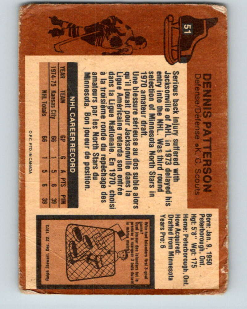 1975-76 O-Pee-Chee #51 Dennis Patterson RC Rookie Scouts V5405